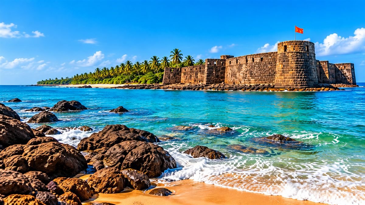 Illustrative image of the Malvan sea fort with turquoise waves