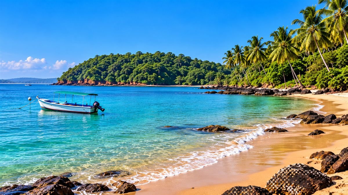 Illustrative image of a tropical bay with an island and a boat at Tarkarli